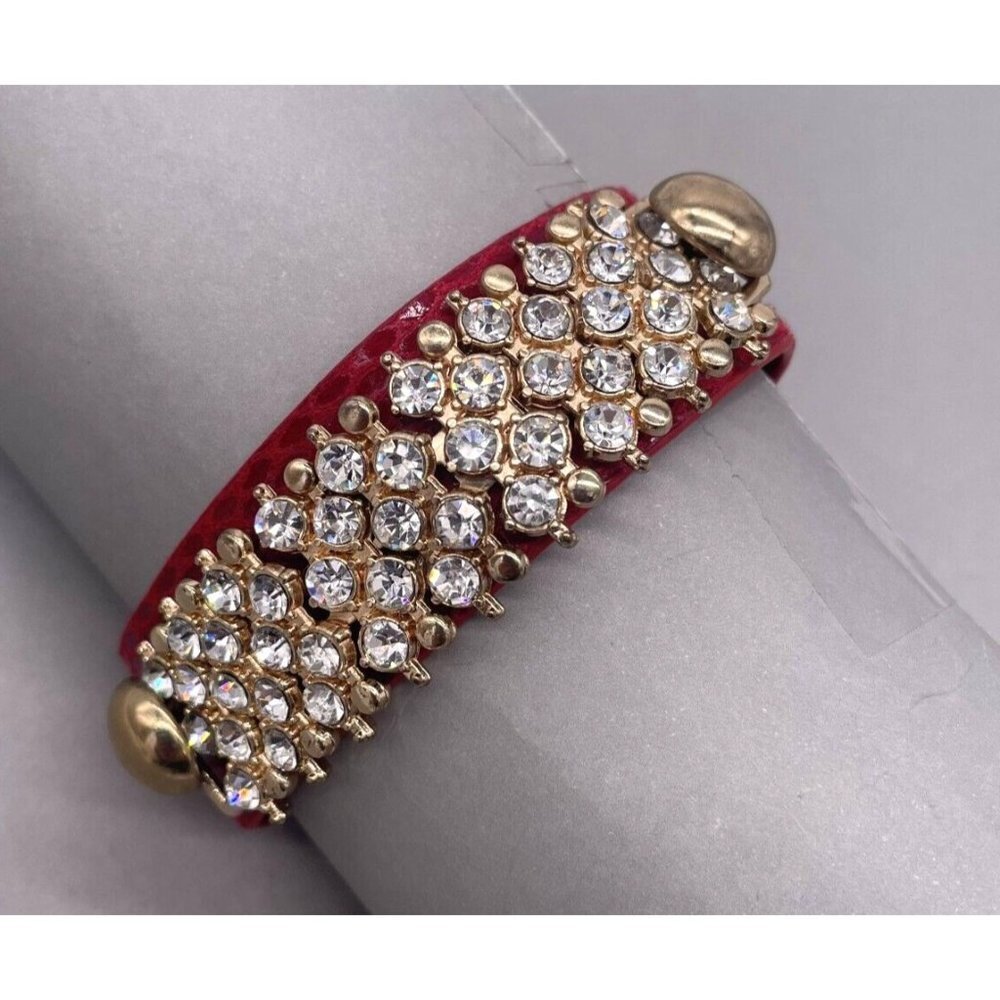 Yik Fung Red Embossed Leather Crystal Wrap Bracelet Gold Tone Snap Closure
